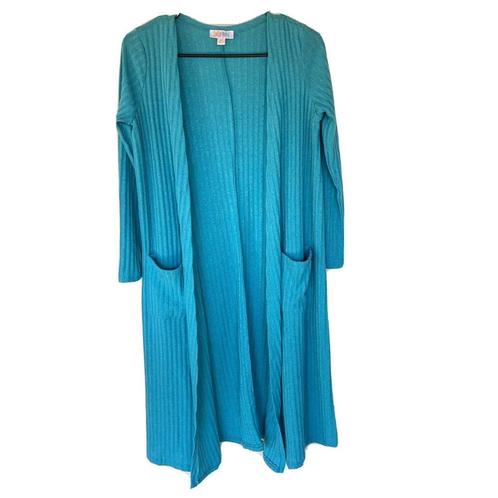 Lularoe Cardigan Sz XS Sarah Open Front Duster Ribbed Pockets Longsleeve Teal